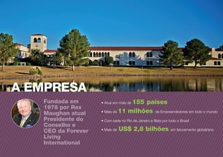 Fundada em
1978 por Rex
Maughan atual
Presidente do
Conselho e
CEO da Forever
Living
International
• Atua em mais de 155 países
• Mais de 11 milhões de Empreendedores em todo o mundo
• Com sede no Rio de Janeiro e filiais por todo o Brasil
• Mais de US$ 2,8 bilhões em faturamento global/ano
A EMPRESA
 
