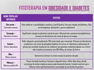 FITOTERAPIA EM OBESIDADE E DIABETES
NOME POPULAR/
BOTÂNICO
EFEITOS
Chá verde –
Cammelia sinensis
Pode melhorar a sensibilidade à insulina e o perfil lipídico. Eficiente relação antidiabética. Atua
na termogênese, diminuindo a gordura abdominal.
Carqueja –
Baccharis trimera
Significante redução na glicemia e perda de peso. Administrada a pessoas normoglicêmicas,
provoca um decréscimo nos níveis de glicose no sangue.
Estévia –
Stevia rebaudiana
Poder adoçante, aproximadamente 250 vezes maior que a sacarose. Provoca um decréscimo
na glicemia e nos níveis de glicogênio hepático. As curvas de tolerância a sobrecarga de
glicose pós-prandial resultaram ser melhores nos pacientes diabéticos obesos que tinham
sido tratados previamente com 130-140mg de extrato de Estévia.
Alho –
Allium sativum
Demonstrou diminuir os níveis iniciais de glicemia elevada.
Hibiscus –
Hibiscus sabdariffa
Possui atividade diurética e favorece a digestão lenta e difícil. Alem disso, devido
a presença de ácidos orgânicos possui ação levemente laxante. Estudos mostram que o
Hibiscus inibiu significativamente a acumulação de partículas de gordura.
 