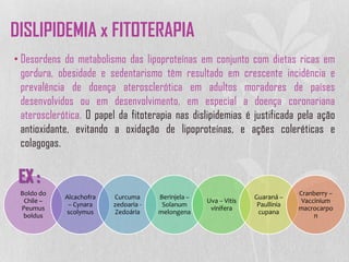 • Desordens do metabolismo das lipoproteínas em conjunto com dietas ricas em
gordura, obesidade e sedentarismo têm resultado em crescente incidência e
prevalência de doença aterosclerótica em adultos moradores de países
desenvolvidos ou em desenvolvimento, em especial a doença coronariana
aterosclerótica. O papel da fitoterapia nas dislipidemias é justificada pela ação
antioxidante, evitando a oxidação de lipoproteínas, e ações coleréticas e
colagogas.
DISLIPIDEMIA x FITOTERAPIA
Boldo do
Chile –
Peumus
boldus
Alcachofra
– Cynara
scolymus
Curcuma
zedoaria -
Zedoária
Berinjela –
Solanum
melongena
Uva – Vitis
vinífera
Guaraná –
Paullinia
cupana
Cranberry –
Vaccinium
macrocarpo
n
 