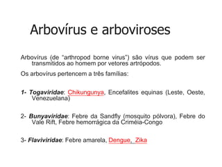 Arbovírus e arboviroses
Arbovírus (de “arthropod borne virus”) são vírus que podem ser
transmitidos ao homem por vetores artrópodos.
Os arbovírus pertencem a três famílias:
1- Togaviridae: Chikungunya, Encefalites equinas (Leste, Oeste,
Venezuelana)
2- Bunyaviridae: Febre da Sandfly (mosquito pólvora), Febre do
Vale Rift, Febre hemorrágica da Criméia-Congo
3- Flaviviridae: Febre amarela, Dengue, Zika
 