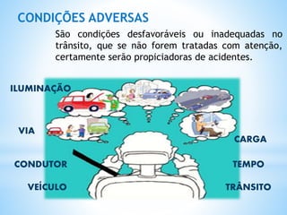 São condições desfavoráveis ou inadequadas no
trânsito, que se não forem tratadas com atenção,
certamente serão propiciadoras de acidentes.
CONDIÇÕES ADVERSAS
CARGA
ILUMINAÇÃO
TEMPO
VIA
VEÍCULO TRÂNSITO
CONDUTOR
 