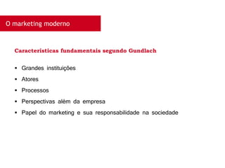 O marketing moderno
 Grandes instituições
 Atores
 Processos
 Perspectivas além da empresa
 Papel do marketing e sua responsabilidade na sociedade
Características fundamentais segundo Gundlach
 