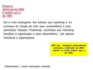Ela é mais abrangente. Ela enfatiza que marketing é um
processo de criação de valor para consumidores e para
administrar relações. Finalmente, reconhece que marketing
beneficia a organização e seus stakeholders*, não apenas
indivíduos e organizações.
Porque a
definição de 2004
é melhor que a
de 1985
*Stakeholders = todas instituições societais
58% dos membros respondentes
acharam a definição de 2004
melhor ou muito melhor que a
de 1985.
 