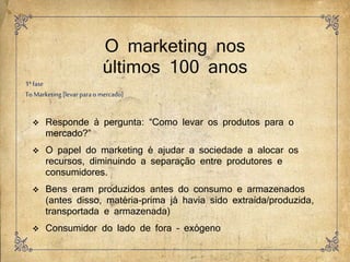 O marketing nos
últimos 100 anos
1ªfase
To Marketing[levarpara o mercado]
 Responde à pergunta: “Como levar os produtos para o
mercado?”
 O papel do marketing é ajudar a sociedade a alocar os
recursos, diminuindo a separação entre produtores e
consumidores.
 Bens eram produzidos antes do consumo e armazenados
(antes disso, matéria-prima já havia sido extraída/produzida,
transportada e armazenada)
 Consumidor do lado de fora – exógeno
 
