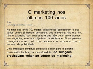 O marketing nos
últimos 100 anos
2ªfase
Market(ing) to [identificar e vender]
No final dos anos 70, muitos acadêmicos perceberam o que
vários outros já haviam percebido, que marketing não é o fim,
não é exclusivo das empresas e que não deve servir apenas
aos negócios, mas aos objetivos da sociedade. Aí as pessoas
começaram a ver o mkt com desdém e se incomodar com o
excesso de publicidade.
Uma interação contínua precisava existir para o próprio
consumidor lembrar da marca/produto. As relações
precisavam voltar ao centro do marketing!
 