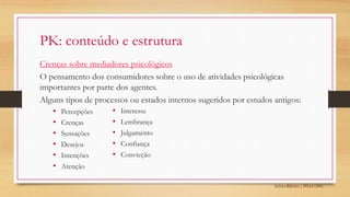Sylvio Ribeiro | PPGA UFSC
PK: conteúdo e estrutura
Crenças sobre mediadores psicológicos
O pensamento dos consumidores sobre o uso de atividades psicológicas
importantes por parte dos agentes.
Alguns tipos de processos ou estados internos sugeridos por estudos antigos:
• Percepções
• Crenças
• Sensações
• Desejos
• Intenções
• Atenção
• Interesse
• Lembrança
• Julgamento
• Confiança
• Convicção
 