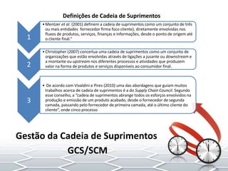 Gestão da Cadeia de Suprimentos
GCS/SCM
Definições de Cadeia de Suprimentos
1
•Mentzer et al. (2001) definem a cadeia de suprimentos como um conjunto de três
ou mais entidades fornecedor firma foco cliente), diretamente envolvidas nos
fluxos de produtos, serviços, finanças e informações, desde o ponto de origem até
o cliente final.”
2
•Christopher (2007) conceitua uma cadeia de suprimentos como um conjunto de
organizações que estão envolvidas através de ligações a jusante ou downstream e
a montante ou upstream nos diferentes processos e atividades que produzem
valor na forma de produtos e serviços disponíveis ao consumidor final.
3
• De acordo com Vivaldini e Pires (2010) uma das abordagens que guiam muitos
trabalhos acerca de cadeia de suprimentos é a do Supply Chain Council. Segundo
esse conselho, a “cadeia de suprimentos abrange todos os esforços envolvidos na
produção e emissão de um produto acabado, desde o fornecedor de segunda
camada, passando pelo fornecedor de primeira camada, até o último cliente do
cliente”, onde cinco processo
 