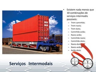 • Existem nada menos que
10 combinações de
serviços intermodis
possíveis:
– Trem-caminhão;
– Trem-navio;
– Trem-duto;
– Caminhão avião;
– Navio-avião;
– Caminhão navio;
– Caminhão-duto;
– Navio-duto;
– Navio-avião;
– Avião-duto;
Serviços Intermodais
 