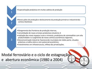 1
•Especialização produtiva em muitas cadeias de produção
2
•Novos pólos de produção e deslocamento da produção primária e industrial dos
centros litorâneos
3
•Alargamento das fronteiras de produção internas,
•consolidação de novos arranjos produtivos (clusters); A
•mpliação dos novos espaços rurais e minerais, produtores de commodities com alta
produtividade e o surgimento de novos centros econômicos regionais;
•Desconcentração industrial, favorecendo municípios de médio porte, situados
próximos a malha viária e com potencial econômico;
•Investimentos em infraestruturas, reflexo das privatizações.
Modal ferroviário e o ciclo de estagnação
e abertura econômica (1980 a 2004)
 