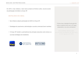 • Itaú Unibanco adquire participação de 49,9% do Grupo XP;
• Estratégias de crescimento, administração e acordos comerciais foram mantidos;
• O Grupo XP mantém a permanência dos principais executivos como sócios e a
sua base estratégica de investidores.
S Ó C I O S E S T R A T É G I C O S I . G R U P O X P
Em 2018, o Itaú Unibanco, maior banco privado da América Latina, anuncia acordo
de participação minoritária no Grupo XP.
D E T A L H E S D O D E A L
5
 