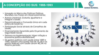 24
Your
Logo
Here
A CONCEPÇÃO DO SUS: 1988-1993
• Inovação no Marco das Políticas Públicas
Mundiais nos Países em Desenvol...