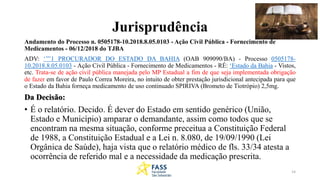 Jurisprudência
Andamento do Processo n. 0505178-10.2018.8.05.0103 - Ação Civil Pública - Fornecimento de
Medicamentos - 06/12/2018 do TJBA
ADV: ‘’’’1 PROCURADOR DO ESTADO DA BAHIA (OAB 909090/BA) - Processo 0505178-
10.2018.8.05.0103 - Ação Civil Pública - Fornecimento de Medicamentos - RÉ: ‘Estado da Bahia - Vistos,
etc. Trata-se de ação civil pública manejada pelo MP Estadual a fim de que seja implementada obrigação
de fazer em favor de Paulo Correa Moreira, no intuito de obter prestação jurisdicional antecipada para que
o Estado da Bahia forneça medicamento de uso continuado SPIRIVA (Brometo de Tiotrópio) 2,5mg.
Da Decisão:
• É o relatório. Decido. É dever do Estado em sentido genérico (União,
Estado e Município) amparar o demandante, assim como todos que se
encontram na mesma situação, conforme preceitua a Constituição Federal
de 1988, a Constituição Estadual e a Lei n. 8.080, de 19/09/1990 (Lei
Orgânica de Saúde), haja vista que o relatório médico de fls. 33/34 atesta a
ocorrência de referido mal e a necessidade da medicação prescrita.
14
 
