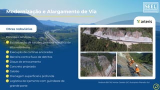 Obras rodoviárias
Principais serviços:
Estabilização de taludes com tela metálica de
alta resistência
Execução de cortinas ancoradas
Barreira contra fluxo de detritos
Dique de enrocamento
Concreto projetado
Gabião
Drenagem superficial e profunda
Logística de Içamento com guindaste de
grande porte
Rodovia BR-116, Monte Castelo (SC) Autopista Planalto Sul
Modernização e Alargamento de Via
 
