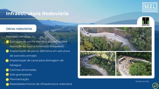 Obras rodoviárias
Infraestrutura Rodoviária
Principais serviços:
Execução de ponte metálica provisória para
liberação de trecho rodoviário bloqueado
Implantação de ponte definitiva em estrutura
de concreto armado
Implantação de canal para drenagem de
talvegue
Cortinas atirantadas
Solo grampeado
Pavimentação
Reestabelecimento da infraestrutura rodoviária
RJ-163, Km 19,5
 