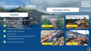 Principais obras:
Implantação de pátios e peras
ferroviárias
Implantação, recuperação,
alargamento e reforço de OAEs
Recuperação, reforço, alargamento e
revitalização de túneis
Contenção de encosta
Substituição de pontes
ferroviárias
ver mais
Infraestrutura Ferroviária
ver mais
Reestabelecimento de
infraestrutura ferroviária
OBRAS FERROVIÁRIAS
OFERTA
Estabilização de
Encostas Rochosas
ver mais ver mais
Complexo viário Barra do Piraí
 