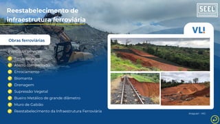 Obras ferroviárias
Reestabelecimento de
infraestrutura ferroviária
Principais serviços:
Terraplenagem
Aterro compactado
Enrocamento
Biomanta
Drenagem
Supressão Vegetal
Bueiro Metálico de grande dîâmetro
Muro de Gabião
Reestabelecimento da Infraestrutura Ferroviária
Araguari - MG
 