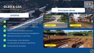 ver mais
Contenção para Liberação de
Rodovia e Faixa de Dutos
ver mais
Manutenção e Conservação em
Complexo Petroquímico
Manutenção em Faixa de Dutos
ver mais
Principais obras:
ÓLEO & GÁS
OFERTA
Obras portuárias e marítimas
Contenção de encostas
Obras Civis de infraestrutura em
complexos petroquímicos e energéticos
Manutenção e conservação de faixa de
dutos
Implantação, manutenção e
recuperação de acessos rodoviários
Implantação de Óleodutos e Gasodutos
 