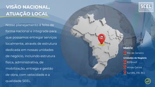 Rio de Janeiro
Unidades de Negócio
Matriz
RJ/Brasil
Minas Gerais
Sul (RS, PR, RC)
Nosso planejamento é feito de
forma nacional e integrada para
que possamos entregar serviços
localmente, através de estrutura
dedicada em nossas unidades
de negócio, incluindo estrutura
física, administrativa, de
mobilização, entrega e gestão
de obra, com velocidade e a
qualidade SEEL.
VISÃO NACIONAL,
ATUAÇÃO LOCAL
 