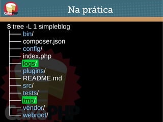 Na prática
$ tree -L 1 simpleblog
├── bin/
├── composer.json
├── config/
├── index.php
├── logs/
├── plugins/
├── README.md
├── src/
├── tests/
├── tmp/
├── vendor/
└── webroot/
 