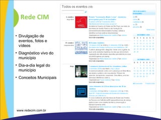 Rede CIM Divulgação de eventos, fotos e vídeos Diagnóstico vivo do município Dia-a-dia legal do município Conceitos Municipais www.redecim.com.br 