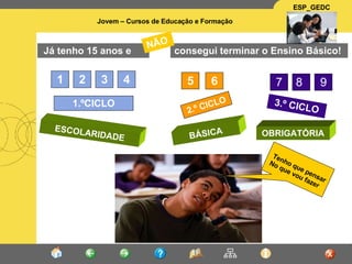 1 2 4 3 6 5 9 8 7 1.ºCICLO 2.º CICLO 3.º CICLO ESCOLARIDADE OBRIGATÓRIA BÁSICA Já tenho 15 anos e consegui terminar o Ensino Básico!  NÃO Tenho que pensar  No que vou fazer 