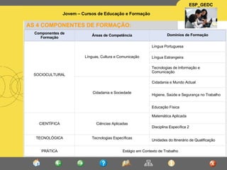 AS 4 COMPONENTES DE FORMAÇÃO: Componentes de Formação Áreas de Competência Domínios de Formação SOCIOCULTURAL Línguas, Cultura e Comunicação Língua Portuguesa Língua Estrangeira Tecnologias de Informação e Comunicação Cidadania e Sociedade Cidadania e Mundo Actual Higiene, Saúde e Segurança no Trabalho Educação Física CIENTÍFICA Ciências Aplicadas Matemática Aplicada Disciplina Específica 2 TECNOLÓGICA Tecnologias Específicas Unidades do Itinerário de Qualificação PRÁTICA Estágio em Contexto de Trabalho 