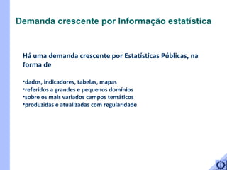 Há uma demanda crescente por Estatísticas Públicas, na forma de  dados, indicadores, tabelas, mapas  referidos a grandes e pequenos domínios sobre os mais variados campos temáticos produzidas e atualizadas com regularidade  Demanda crescente por Informação estatística 
