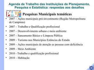 2007 – Ações municipais pró-investimento (Região Metropolitana de Campinas) 2007 – Trabalho e Qualificação profissional  2007 – Desenvolvimento urbano e meio ambiente  2007 – Saneamento Básico e Limpeza Pública  2009 – Turismo nos Municípios Estâncias do Estado  2009 – Ações municipais de atenção as pessoas com deficiência  2009 – Meio Ambiente  2010 - Trabalho e qualificação profissional  2010 – Habitação  Pesquisas Municipais temáticas Agenda de Trabalho das Instituições de Planejamento, Pesquisa e Estatística: respostas aos desafios 