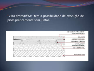• Piso protendido: tem a possibilidade de execução de
pisos praticamente sem juntas.
 