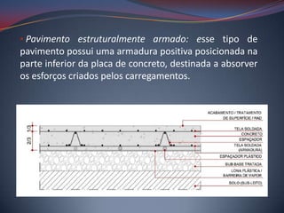 • Pavimento estruturalmente armado: esse tipo de
pavimento possui uma armadura positiva posicionada na
parte inferior da placa de concreto, destinada a absorver
os esforços criados pelos carregamentos.
 