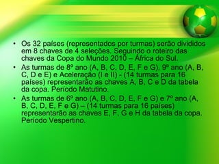 Os 32 países (representados por turmas) serão divididos em 8 chaves de 4 seleções. Seguindo o roteiro das chaves da Copa do Mundo 2010 – África do Sul. As turmas de 8º ano (A, B, C, D, E, F e G), 9º ano (A, B, C, D e E) e Aceleração (I e II) - (14 turmas para 16 países) representarão as chaves A, B, C e D da tabela da copa. Período Matutino. As turmas de 6º ano (A, B, C, D, E, F e G) e 7º ano (A, B, C, D, E, F e G) – (14 turmas para 16 países) representarão as chaves E, F, G e H da tabela da copa. Período Vespertino. 