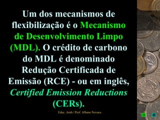 Um dos mecanismos de
 flexibilização é o Mecanismo
  de Desenvolvimento Limpo
(MDL). O crédito de carbono
    do MDL é denominado
    Redução Certificada de
Emissão (RCE) - ou em inglês,
Certified Emission Reductions
            (CERs).
           Educ. Amb./ Prof. Albano Novaes.   13
 