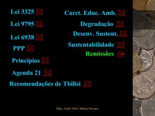 Lei 3325             Carct. Educ. Amb.
Lei 9795                         Degradação
                           Desenv. Sustent.
Lei 6938
                       Sustentabilidade
 PPP
                             Remissões
Princípios
Agenda 21
Recomendações de Tbilisi


               Educ. Amb./ Prof. Albano Novaes.   18
 