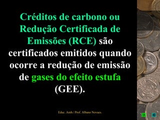 Créditos de carbono ou
   Redução Certificada de
     Emissões (RCE) são
certificados emitidos quando
ocorre a redução de emissão
  de gases do efeito estufa
           (GEE).

           Educ. Amb./ Prof. Albano Novaes.   2
 