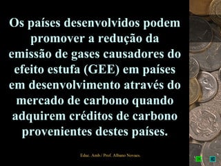 Os países desenvolvidos podem
    promover a redução da
emissão de gases causadores do
 efeito estufa (GEE) em países
em desenvolvimento através do
  mercado de carbono quando
 adquirem créditos de carbono
   provenientes destes países.
            Educ. Amb./ Prof. Albano Novaes.   8
 