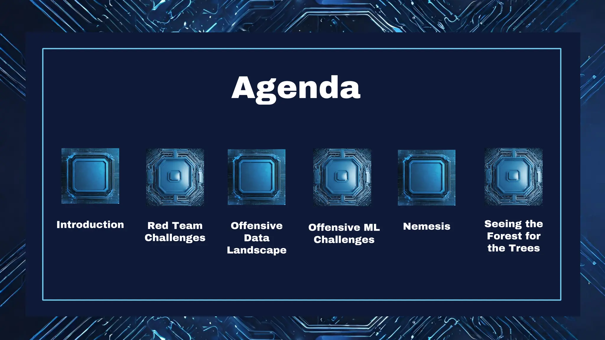 Introduction
Agenda
Red Team
Challenges
Offensive
Data
Landscape
Offensive ML
Challenges
Nemesis Seeing the
Forest for
the Trees
 