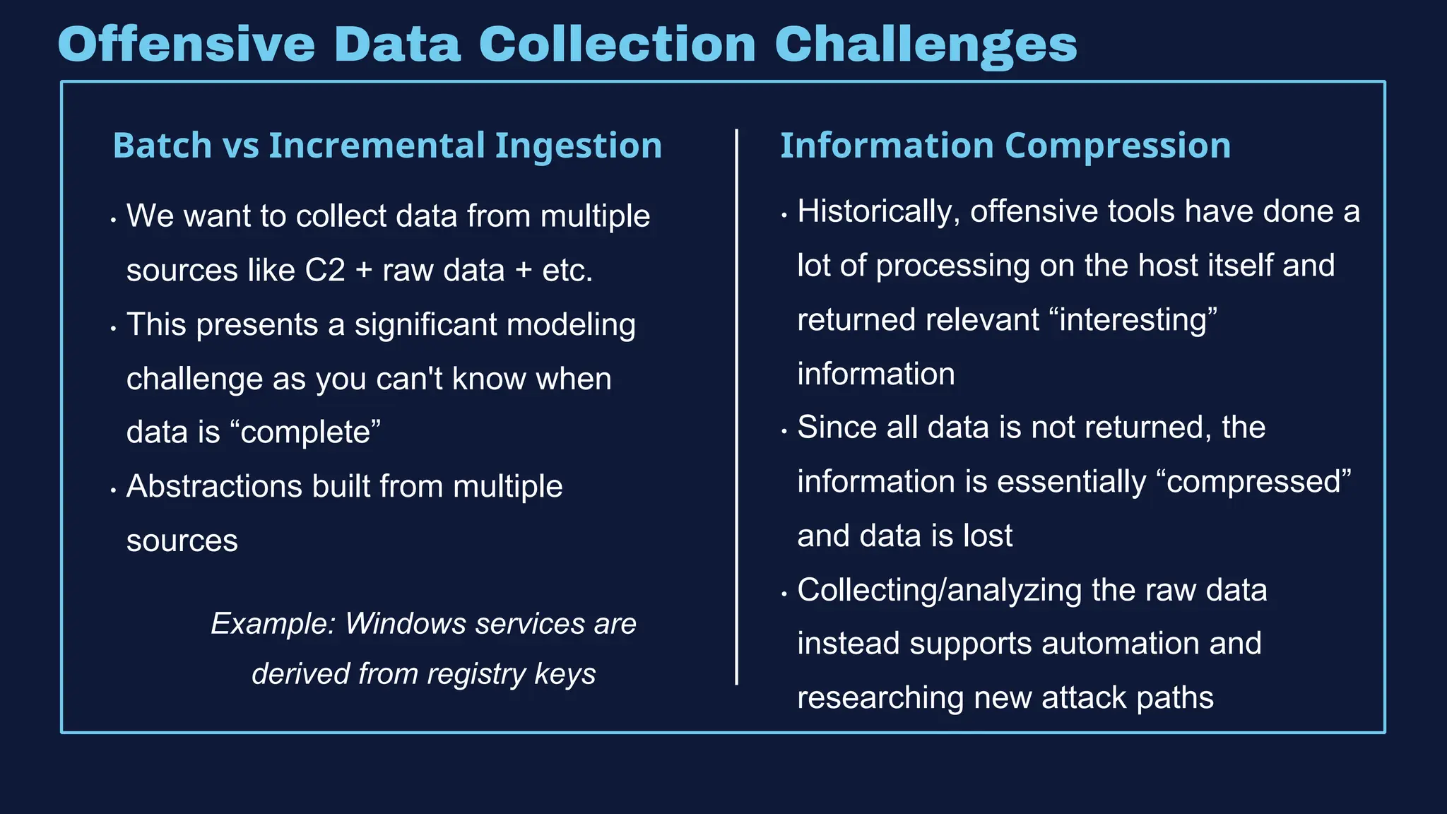 Offensive Data Collection Challenges
Batch vs Incremental Ingestion Information Compression
• We want to collect data from multiple
sources like C2 + raw data + etc.
• This presents a significant modeling
challenge as you can't know when
data is “complete”
• Abstractions built from multiple
sources
• Historically, offensive tools have done a
lot of processing on the host itself and
returned relevant “interesting”
information
• Since all data is not returned, the
information is essentially “compressed”
and data is lost
• Collecting/analyzing the raw data
instead supports automation and
researching new attack paths
Example: Windows services are
derived from registry keys
 