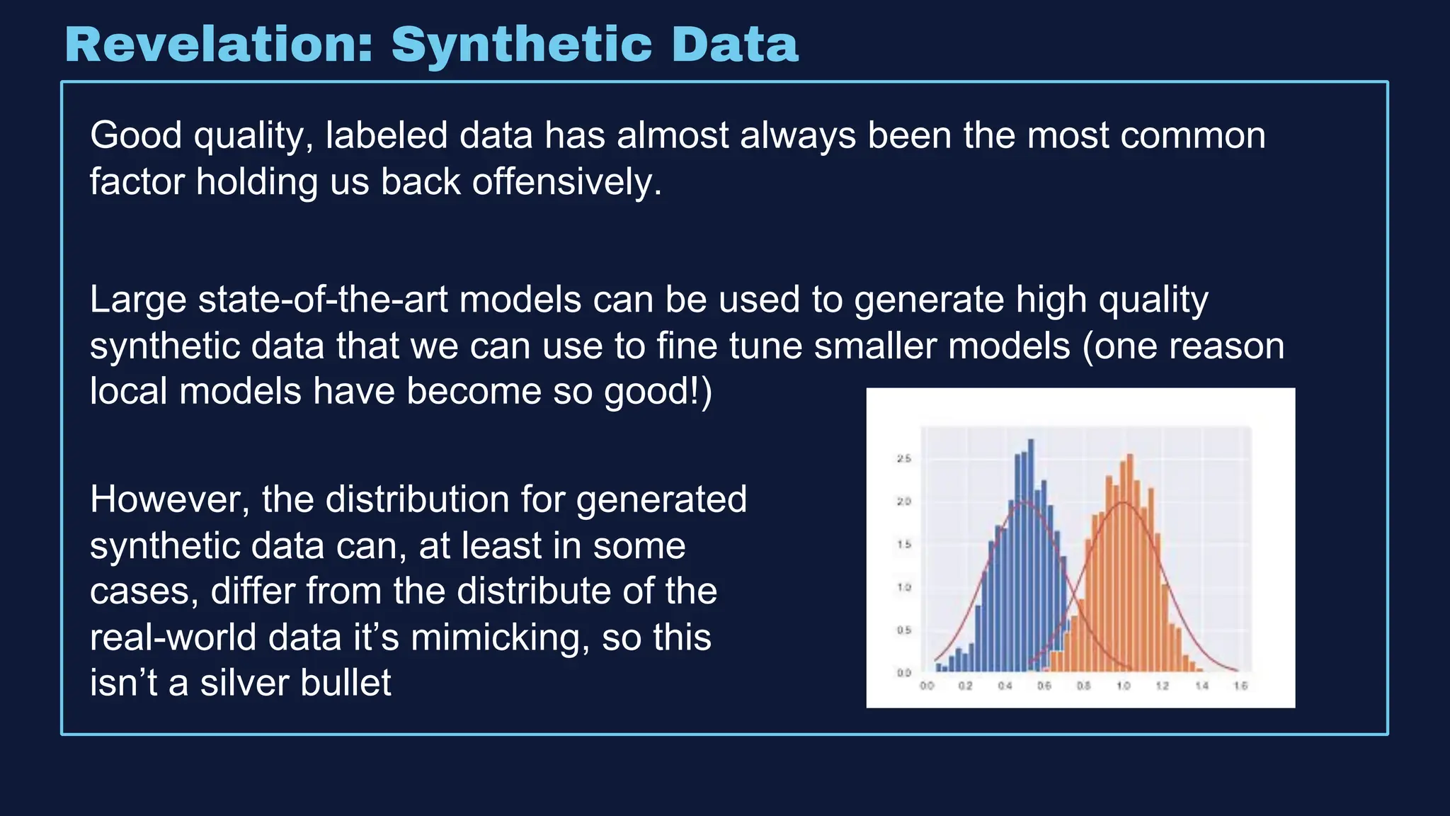 Revelation: Synthetic Data
Good quality, labeled data has almost always been the most common
factor holding us back offensively.
Large state-of-the-art models can be used to generate high quality
synthetic data that we can use to fine tune smaller models (one reason
local models have become so good!)
However, the distribution for generated
synthetic data can, at least in some
cases, differ from the distribute of the
real-world data it’s mimicking, so this
isn’t a silver bullet
 