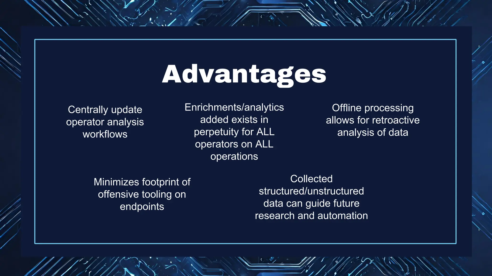 Advantages
Centrally update
operator analysis
workflows
Enrichments/analytics
added exists in
perpetuity for ALL
operators on ALL
operations
Offline processing
allows for retroactive
analysis of data
Minimizes footprint of
offensive tooling on
endpoints
Collected
structured/unstructured
data can guide future
research and automation
 