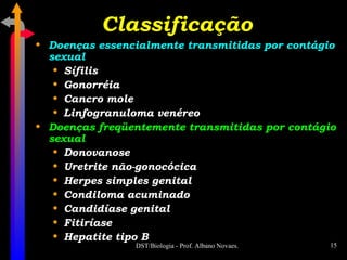 Classificação Doenças essencialmente transmitidas por contágio sexual Sífilis Gonorréia Cancro mole Linfogranuloma venéreo Doenças freqüentemente transmitidas por contágio sexual Donovanose Uretrite não-gonocócica Herpes simples genital Condiloma acuminado Candidíase genital Fitiríase Hepatite tipo B 