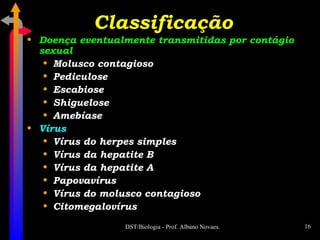 Doença eventualmente transmitidas por contágio sexual Molusco contagioso Pediculose Escabiose Shiguelose Amebíase Vírus Vírus do herpes simples Vírus da hepatite B Vírus da hepatite A Papovavírus Vírus do molusco contagioso Citomegalovírus Classificação 