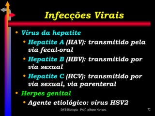 Infecções Virais Vírus da hepatite Hepatite A  (HAV): transmitido pela via fecal-oral Hepatite B  (HBV): transmitido por via sexual Hepatite C  (HCV): transmitido por via sexual, via parenteral Herpes genital Agente etiológico: vírus HSV2 
