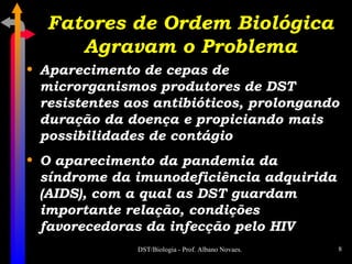 Fatores de Ordem Biológica Agravam o Problema Aparecimento de cepas de microrganismos produtores de DST resistentes aos antibióticos, prolongando duração da doença e propiciando mais possibilidades de contágio O aparecimento da pandemia da síndrome da imunodeficiência adquirida (AIDS), com a qual as DST guardam importante relação, condições favorecedoras da infecção pelo HIV 
