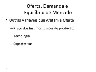 Oferta, Demanda e
Equilíbrio de Mercado
• Outras Variáveis que Afetam a Oferta
– Preço dos Insumos (custos de produção)
– Tecnologia
– Expectativas
23
 