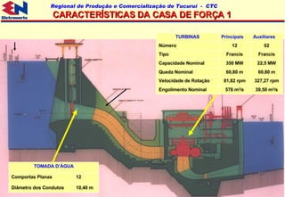 CARACTERÍSTICAS DA CASA DE FORÇA 1 10,40 m Diâmetro dos Condutos 12 Comportas Planas  TOMADA D’ÁGUA 22,5 MW 350 MW Capacidade Nominal Francis Francis Tipo 60,80 m 60,80 m Queda Nominal 327,27 rpm 81,82 rpm Velocidade de Rotação 576 m 3 /s 12 Principais Auxiliares 39,50 m 3 /s Engolimento Nominal  02 Número TURBINAS 