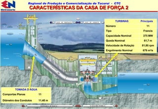 CARACTERÍSTICAS DA CASA DE FORÇA 2 11,40 m Diâmetro dos Condutos 11 Comportas Planas  TOMADA D’ÁGUA 375 MW Capacidade Nominal Francis Tipo 61,7 m Queda Nominal 81,80 rpm Velocidade de Rotação 679 m 3 /s 11 Principais Engolimento Nominal  Número TURBINAS 
