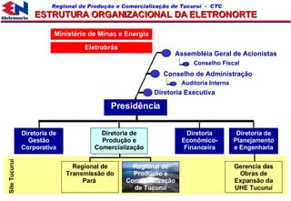 Assembléia Geral de Acionistas Conselho Fiscal Conselho de Administração Auditoria Interna Diretoria Executiva Presidência Regional de Produção e Comercialização de Tucuruí ESTRUTURA ORGANIZACIONAL DA ELETRONORTE Regional de Transmissão do Pará  Gerencia das Obras de Expansão da UHE Tucuruí Diretoria de Gestão Corporativa Diretoria de Produção e Comercialização Diretoria Econômico-Financeira Diretoria de Planejamento e Engenharia Site Tucuruí Ministério de Minas e Energia Eletrobrás 