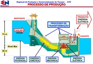 . MONTANTE JUSANTE INSUMO ÁGUA PROCESSO DE TRANSFORMAÇÃO ENERGIA ELÉTRICA ENERGIA CINÉTICA ENERGIA POTENCIAL Nível Mar 74 m 28 m PRODUTO ENERGIA  ELÉTRICA ENERGIA MECÂNICA PROCESSO DE PRODUÇÃO 34,10 56,65 