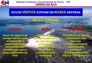 NOVOS  VENTOS  SOPRAM EM  NOSSA  EMPRESA NOVO CREDO MISSÃO Atuar no negócio de energia elétrica com rentabilidade e responsabilidade socioambiental, contribuindo para o desenvolvimento do País VISÃO Com energia e comprometimento, ser uma Empresa sustentável, referencial de excelência e valorizada pela sociedade   VALORES - Excelência na Gestão - Valorização das Pessoas - Comprometimento - Aprendizado Contínuo - Empreendedorismo - Ética e Transparência CREDO DA ELN 