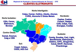 CLIENTES ELETRONORTE Norte Isolados: CEA, Ceron, Eletroacre, Bovesa Nordeste: Cepisa, Coelce, Cosern, Saelpa, Celb, Celpe, Ceal, Energipe, Coelba Centro Oeste: Cemat, Enersul, Celg e CEB Sul:  Copel, Celesc, CEEE, AES Sul Norte Interligado: Celpa, Cemar, Celtins. Alarás, Alumar, CVRD, Alunorte E Globe Metais Sudeste: Cemig, Escelsa, Cerj, Light, Bandeirante, Eletropaulo, Elektro, CPFL, Bragantina, Caiuá, EEVP, Nacional, Pirantininga 